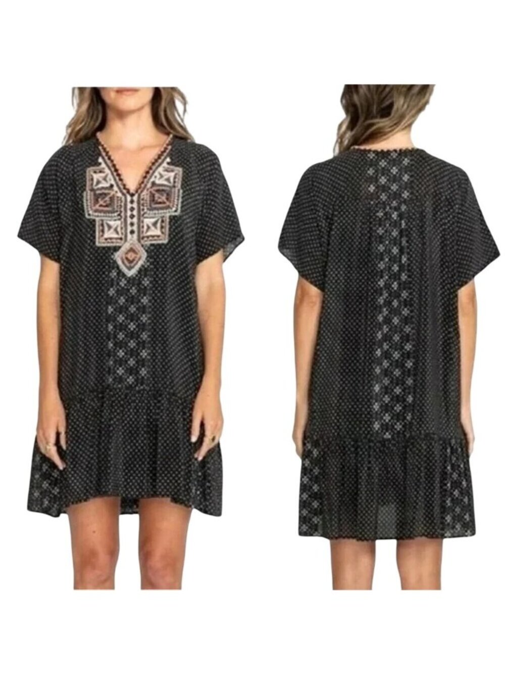 Johnny Was Biya Zoe Dress Womens Large Black Silk Embroidered Polka Dot Flounce